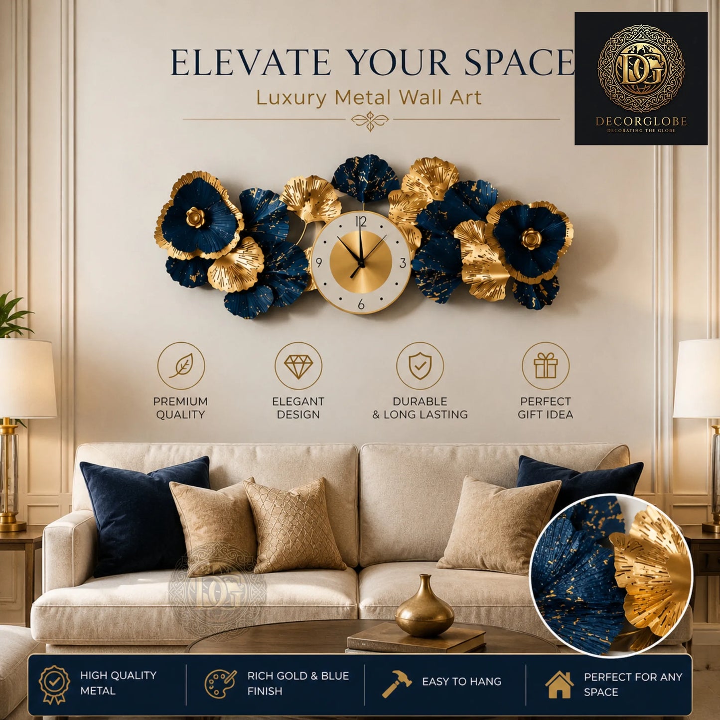 Luxury Blue & Gold Metal Wall Clock for Living Room – Modern Floral Wall Decor | 35 x 15 Inch Premium Wall Art