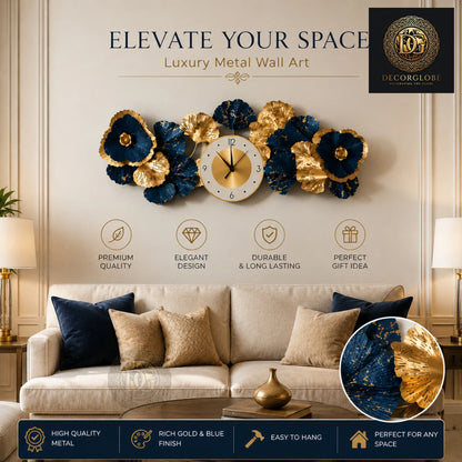 Luxury Blue & Gold Metal Wall Clock for Living Room – Modern Floral Wall Decor | 35 x 15 Inch Premium Wall Art