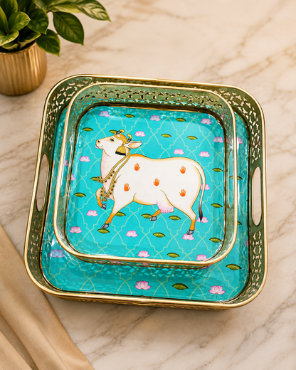 Pichwai Cow Decorative Basket Set of 2 | Gold Finish Metal Serving Tray for Home Decor, Pooja & Gifting