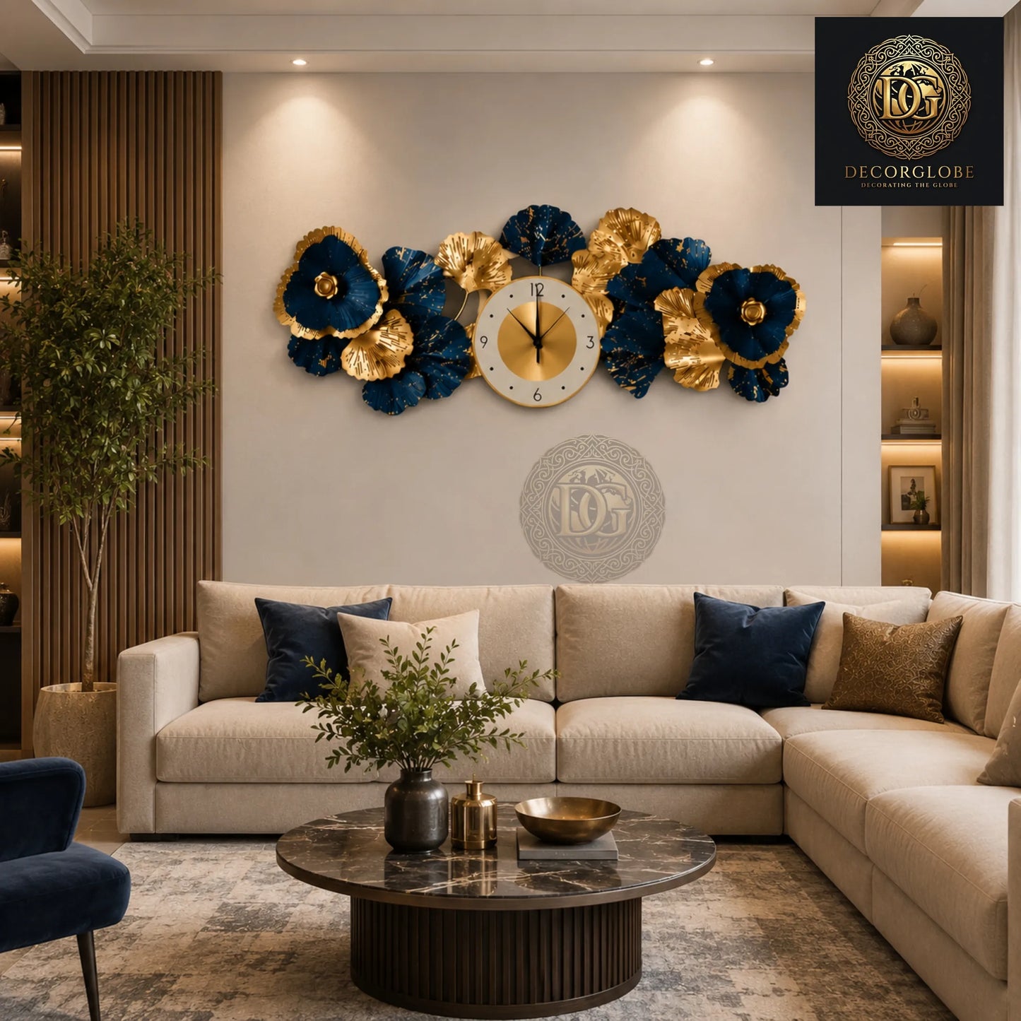 Luxury Blue & Gold Metal Wall Clock for Living Room – Modern Floral Wall Decor | 35 x 15 Inch Premium Wall Art