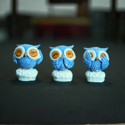Set of 3 Blue Polyresin Cute Owl Statues Bird Figurines Decorative Showpiece