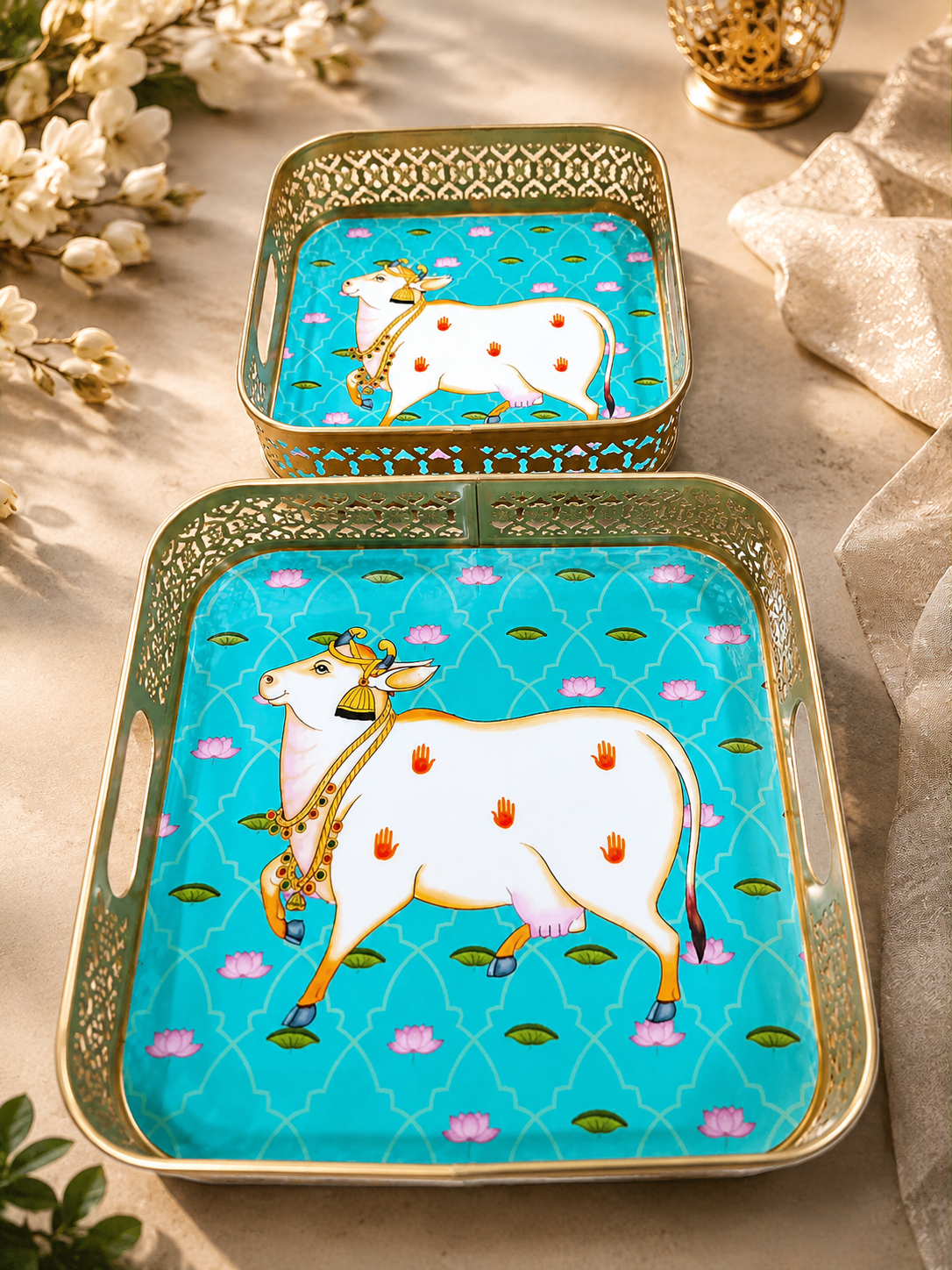 Pichwai Cow Decorative Basket Set of 2 | Gold Finish Metal Serving Tray for Home Decor, Pooja & Gifting