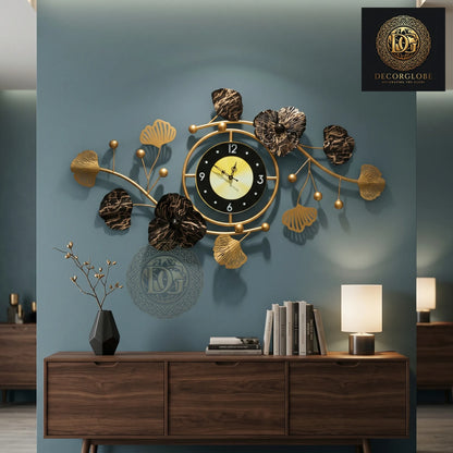 Luxury Black & Gold Metal Wall Clock – Modern Floral Wall Decor for Living Room | Premium Designer Wall Art 36 x 20 Inch