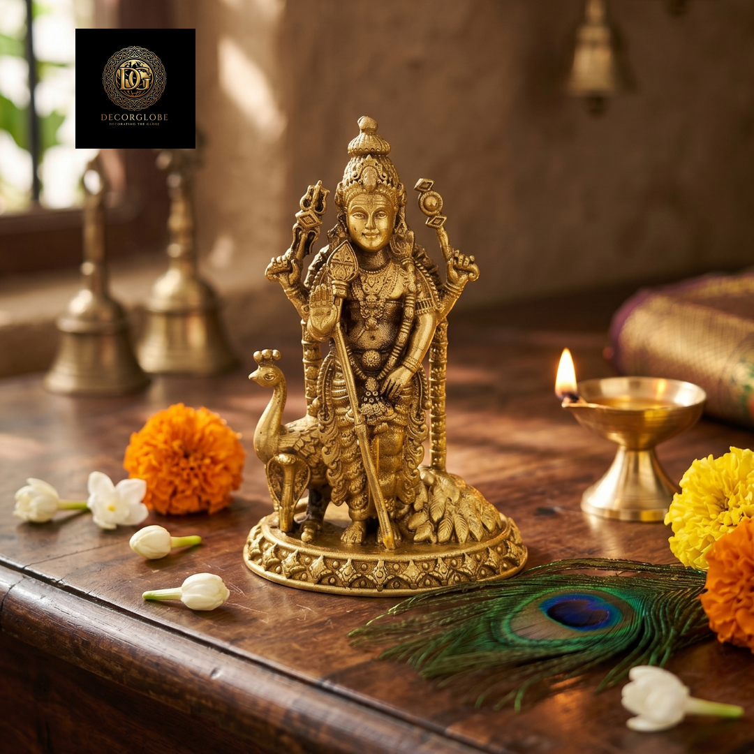 Golden Lord Murugan Idol with Peacock