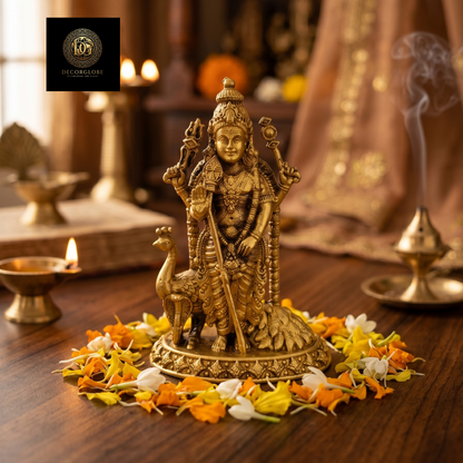 Golden Lord Murugan Idol with Peacock