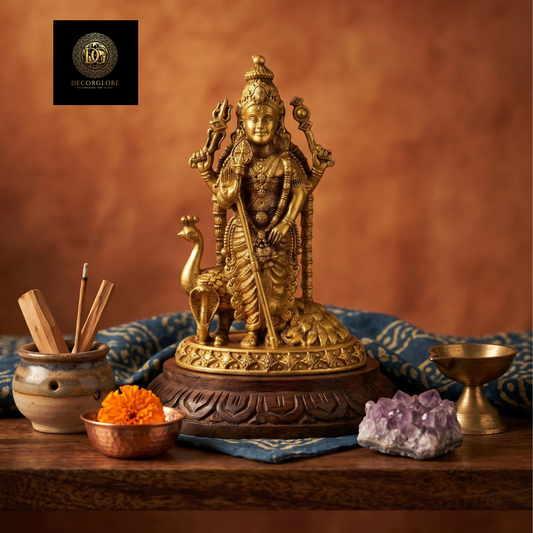 Golden Lord Murugan Idol with Peacock
