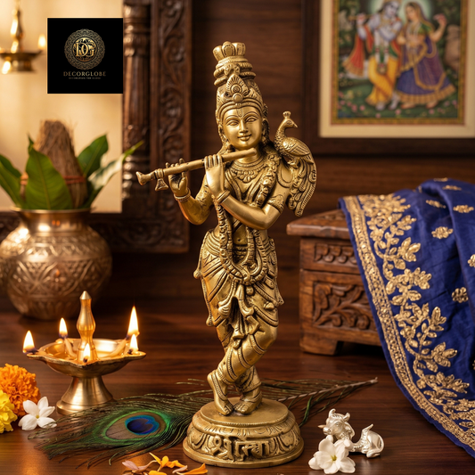 Golden Lord Krishna Idol Playing Flute