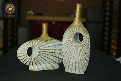 Modern Textured Vase Set (White & Gold Finish)
