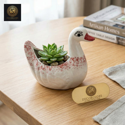 Ceramic Swan Planter (White & Red Finish)