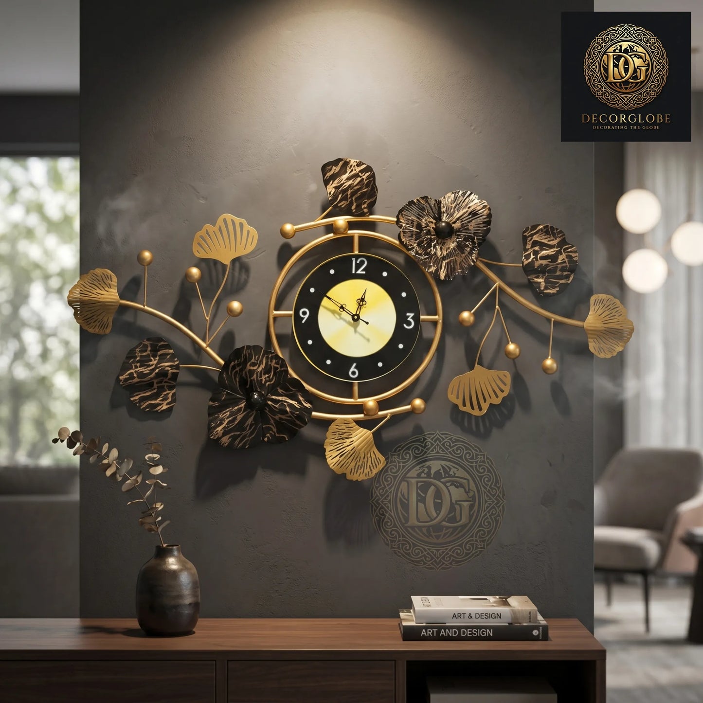 Luxury Black & Gold Metal Wall Clock – Modern Floral Wall Decor for Living Room | Premium Designer Wall Art 36 x 20 Inch