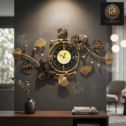 Luxury Black & Gold Metal Wall Clock – Modern Floral Wall Decor for Living Room | Premium Designer Wall Art 36 x 20 Inch