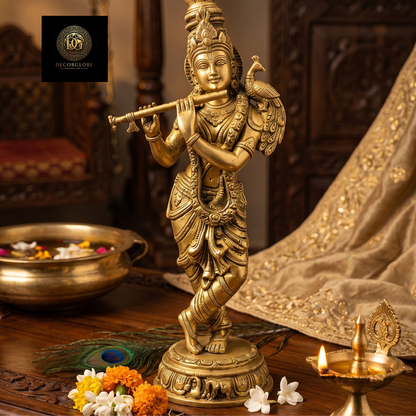 Golden Lord Krishna Idol Playing Flute