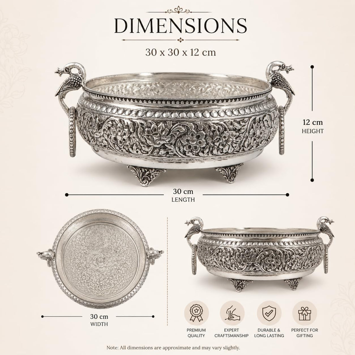Silver Plated Peacock Urli Bowl for Home Decor & Floating Flowers – 30 cm | DecorGlobe