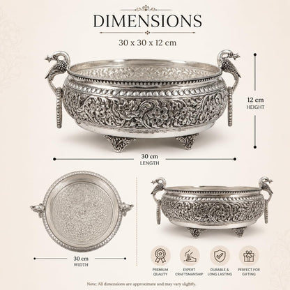 Silver Plated Peacock Urli Bowl for Home Decor & Floating Flowers – 30 cm | DecorGlobe