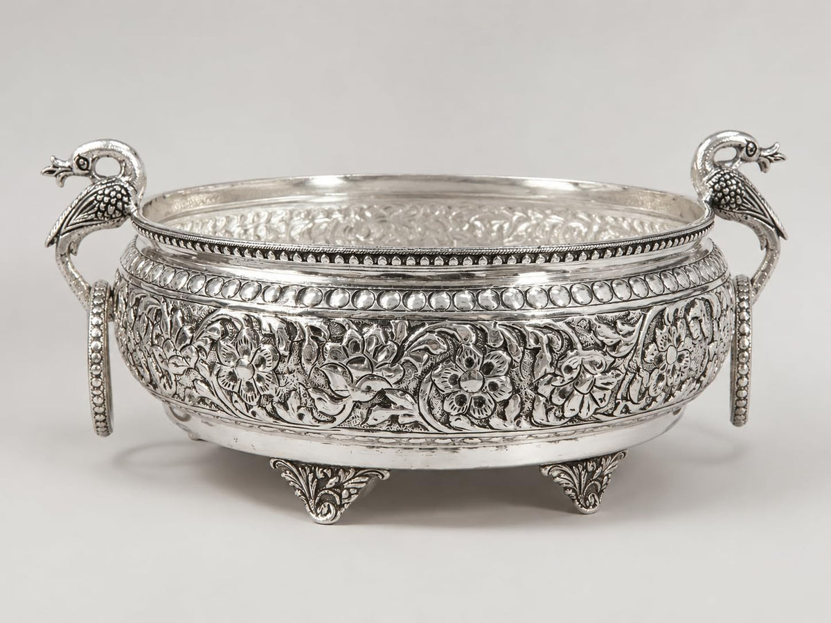 Silver Plated Peacock Urli Bowl for Home Decor & Floating Flowers – 30 cm | DecorGlobe