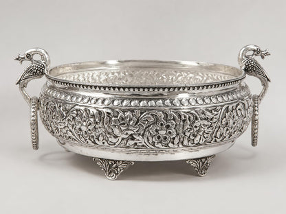 Silver Plated Peacock Urli Bowl for Home Decor & Floating Flowers – 30 cm | DecorGlobe