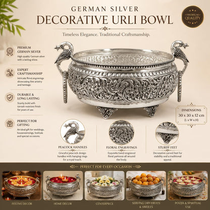 Silver Plated Peacock Urli Bowl for Home Decor & Floating Flowers – 30 cm | DecorGlobe