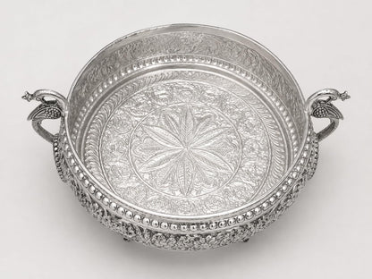 Silver Plated Peacock Urli Bowl for Home Decor & Floating Flowers – 30 cm | DecorGlobe
