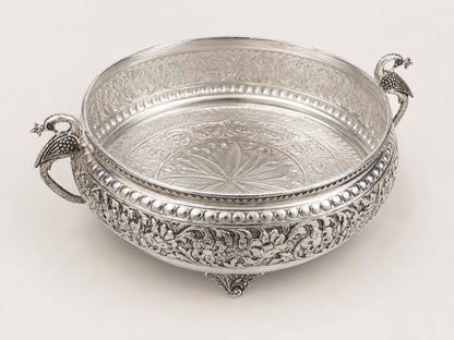 Silver Plated Peacock Urli Bowl for Home Decor & Floating Flowers – 30 cm | DecorGlobe