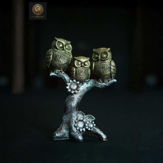 3 Bronze Owls Sitting On A Tree Branch Figurine Polyresin Bird Showpiece