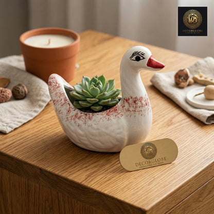 Ceramic Swan Planter (White & Red Finish)