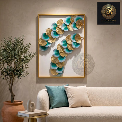 Luxury Gold & Teal Metal Wall Art for Living Room – Modern Leaf Frame Wall Decor | Premium Vertical Wall Hanging 30 x 15 Inch