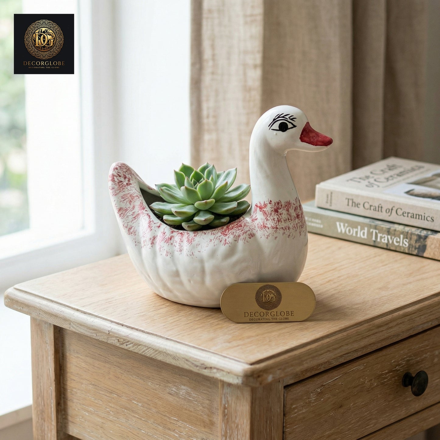 Ceramic Swan Planter (White & Red Finish)