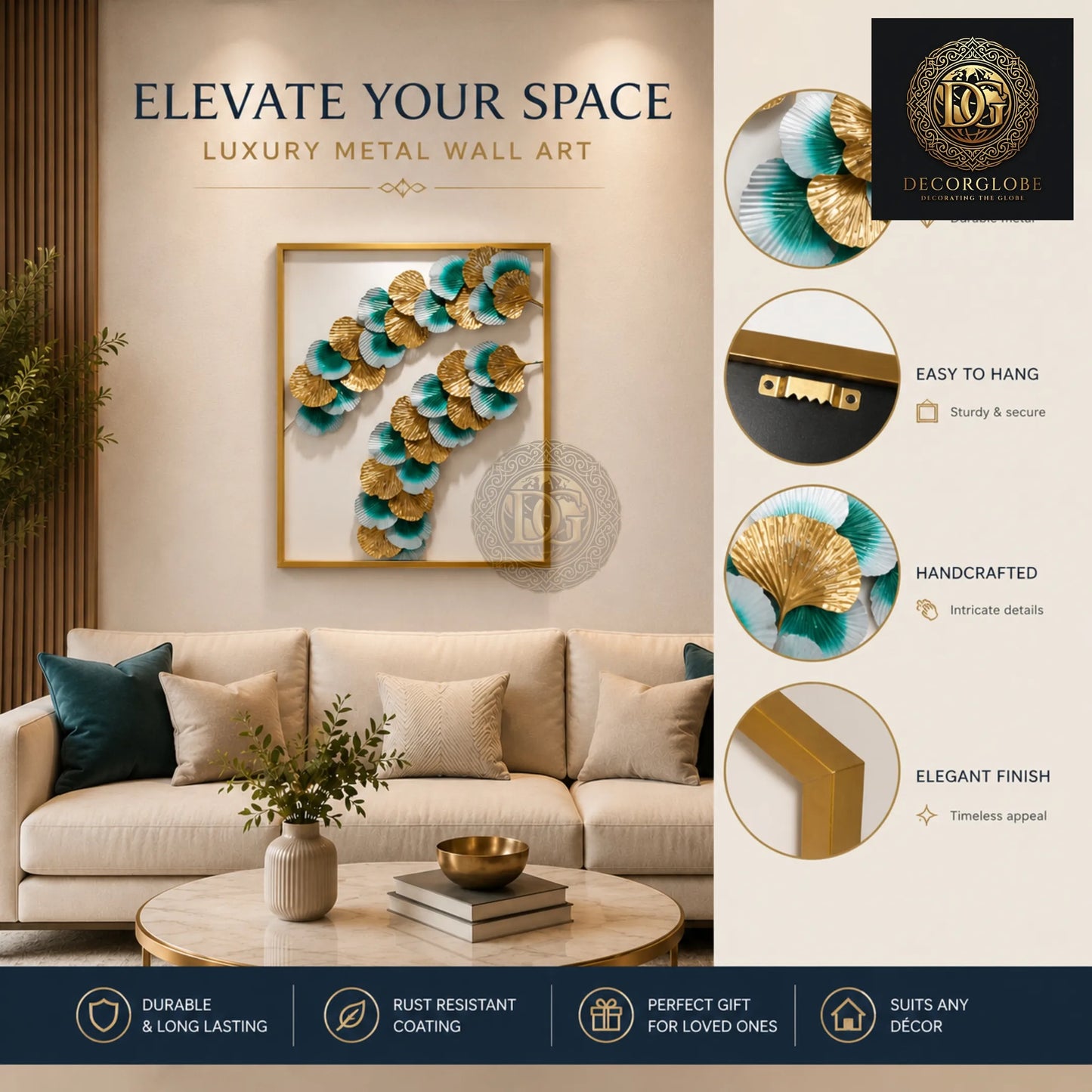 Luxury Gold & Teal Metal Wall Art for Living Room – Modern Leaf Frame Wall Decor | Premium Vertical Wall Hanging 30 x 15 Inch