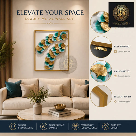 Luxury Gold & Teal Metal Wall Art for Living Room – Modern Leaf Frame Wall Decor | Premium Vertical Wall Hanging 30 x 15 Inch