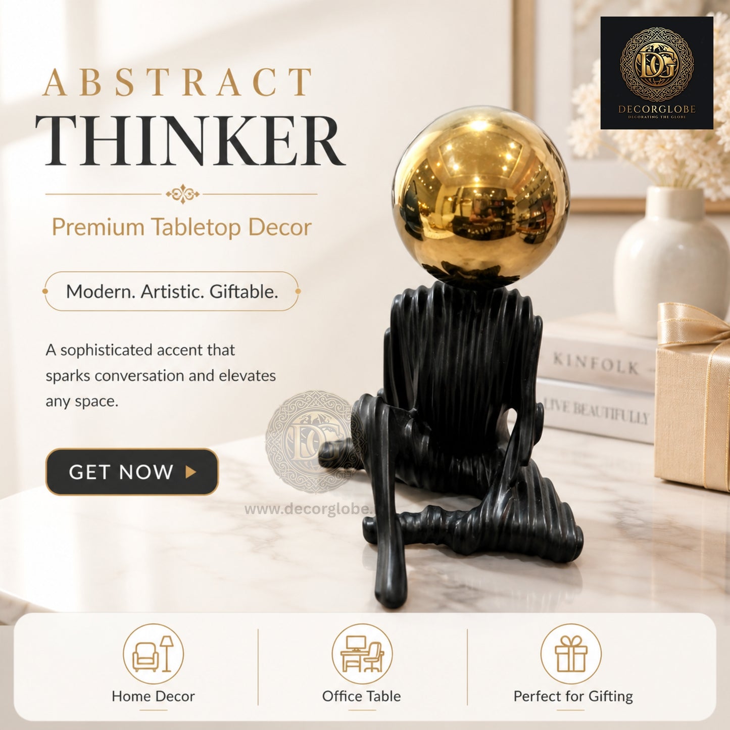 Abstract Thinker Figurine with Golden Ball (Premium Desk Decor)