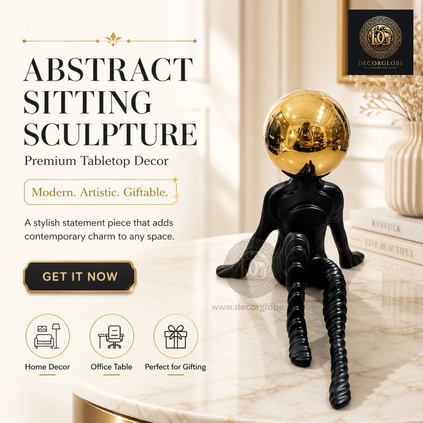 Abstract Thinker Figurine with Golden Ball (Premium Desk Decor)