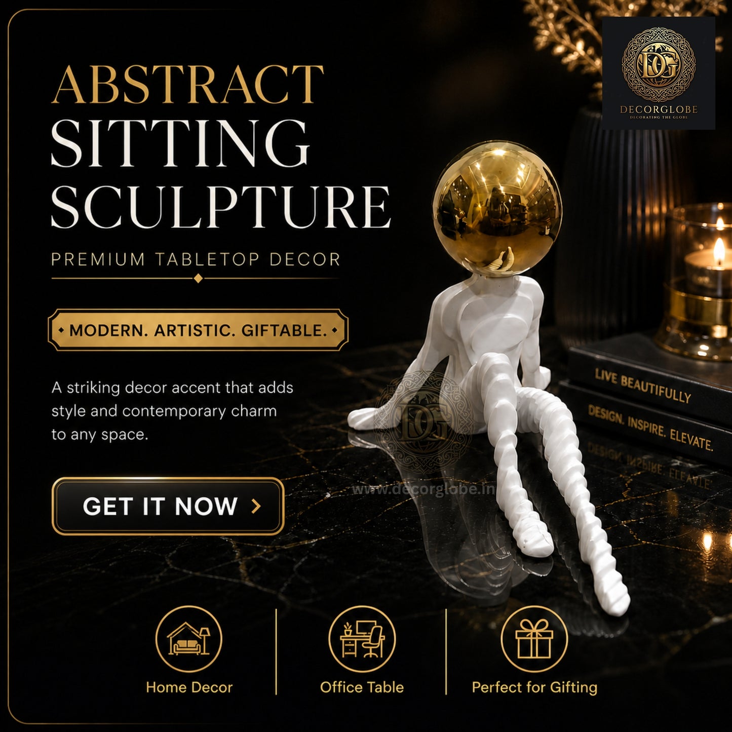 Abstract Thinker Figurine with Golden Ball (Premium Desk Decor)