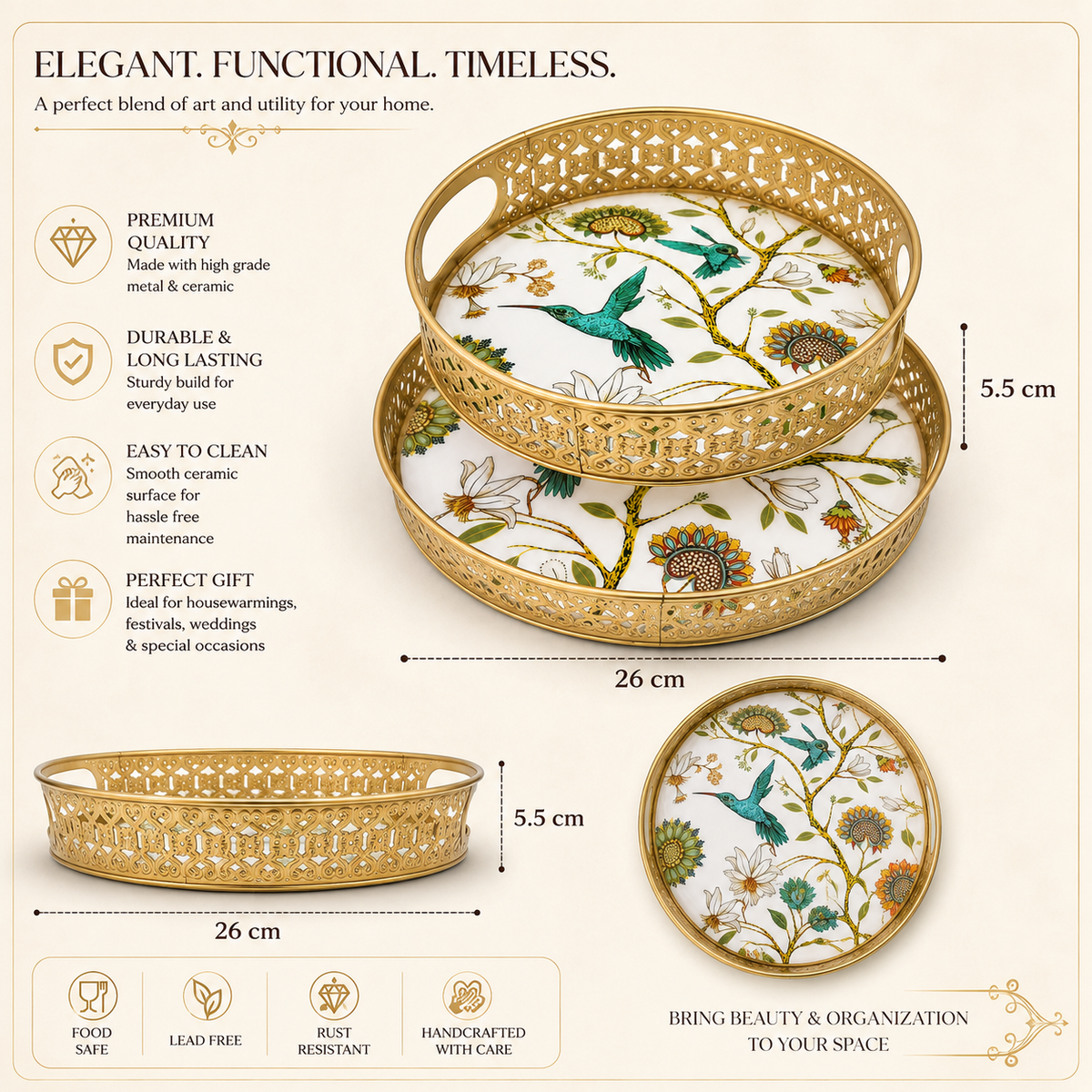 Gold-finish round serving tray set for tea, coffee, snacks and dry fruits