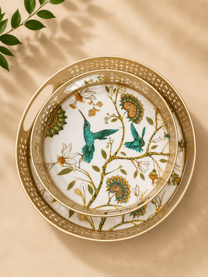 Decorative floral printed metal trays with hummingbird artwork and built-in handles