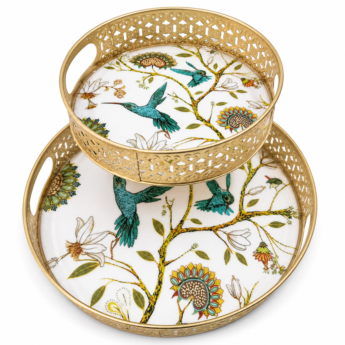 Bird and floral round metal serving tray set of 2 with gold-finish cutwork border