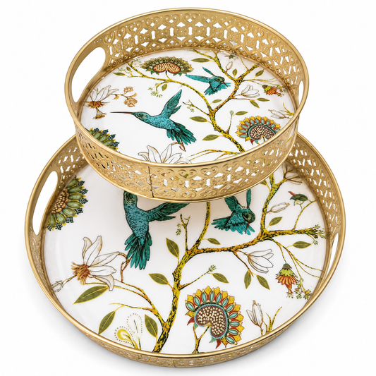 Bird and floral round metal serving tray set of 2 with gold-finish cutwork border