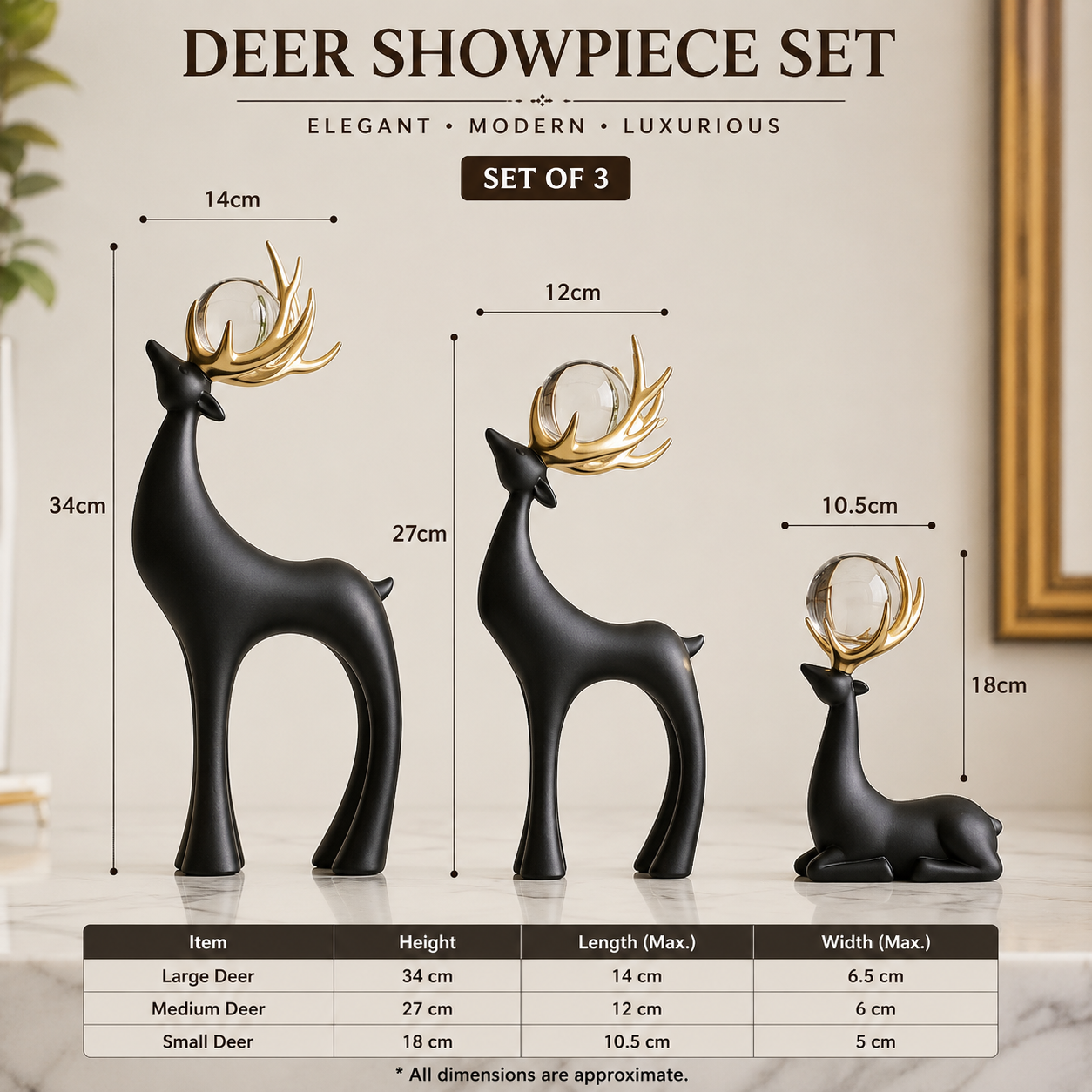 Black Deer Showpiece Set with Crystal Ball – Luxury Home Decor Figurines for Living Room & Office