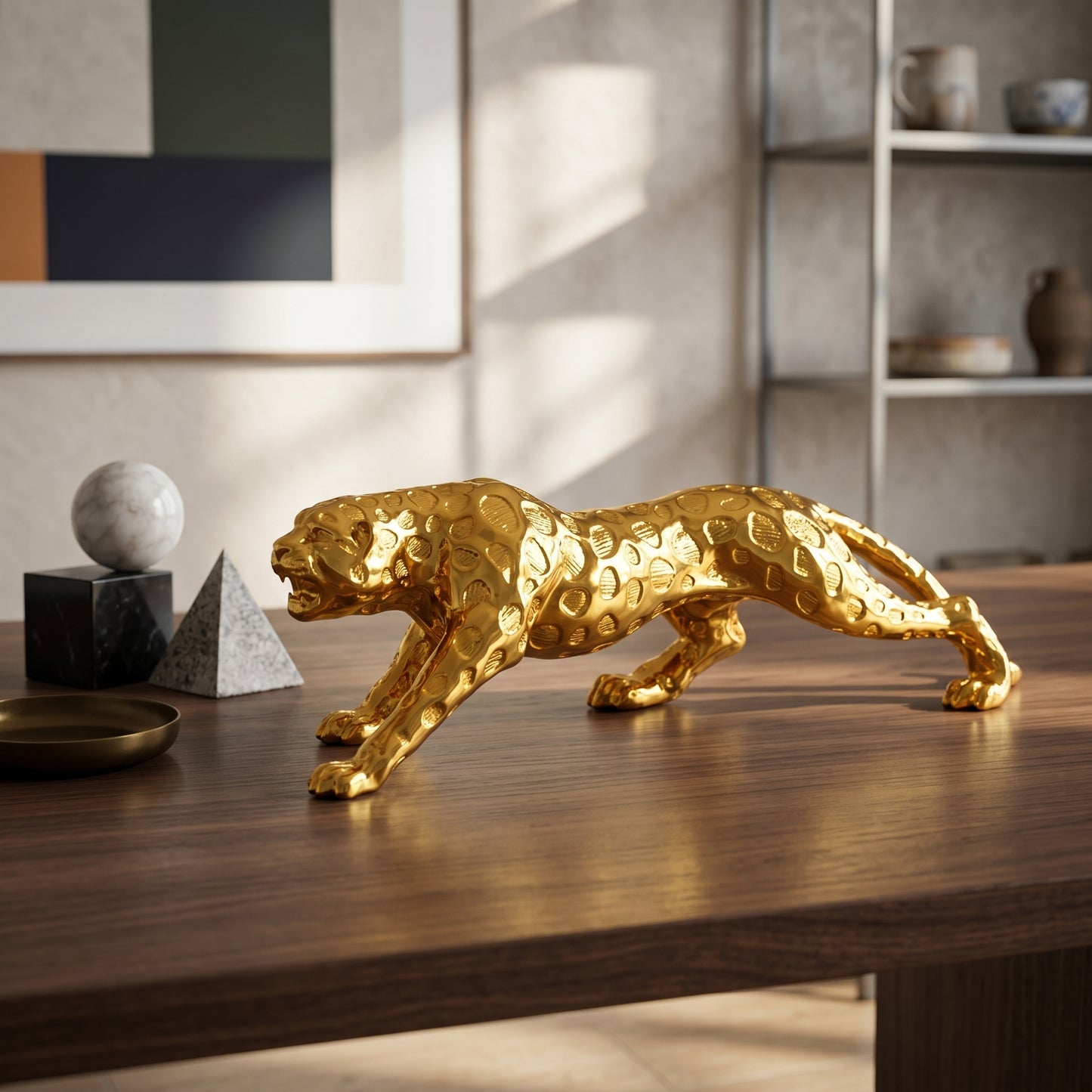 Golden Leopard Showpiece for Home Décor | Premium Panther Statue for Living Room, Office Table; Luxury Interior Decoration