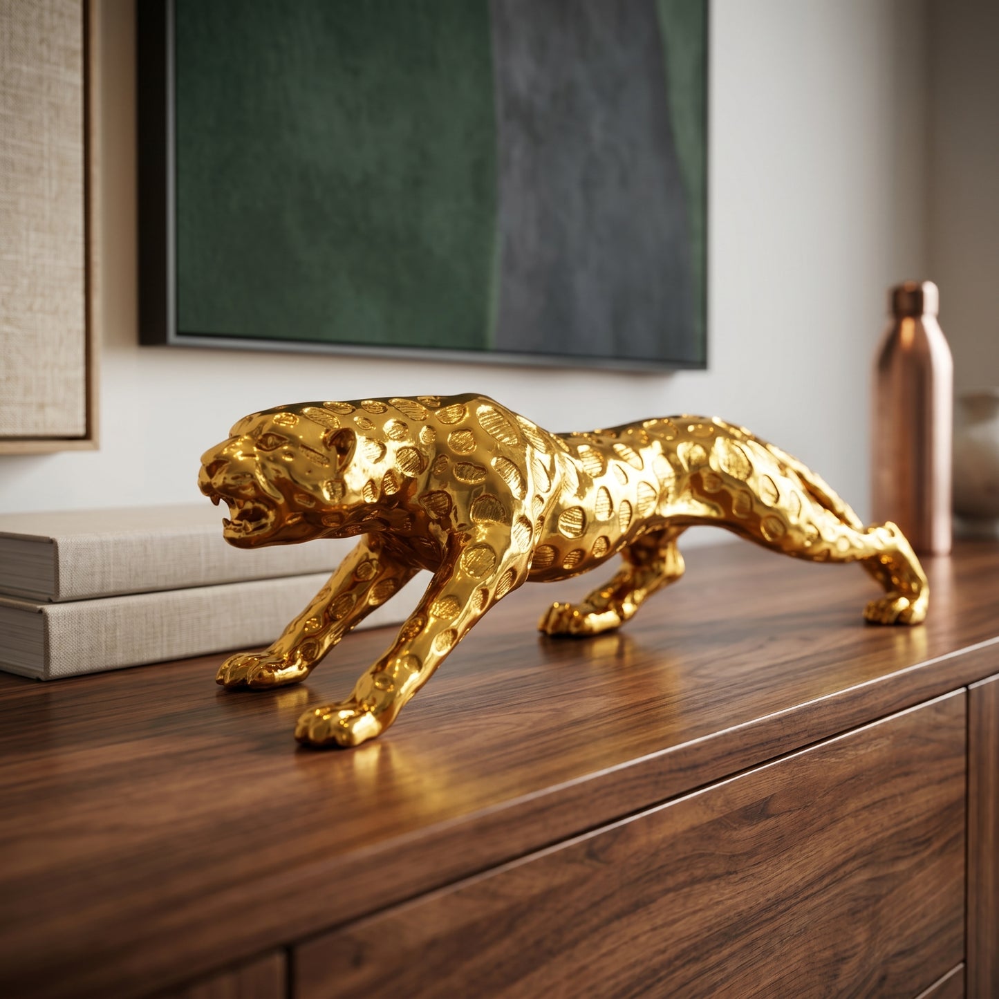 Golden Leopard Showpiece for Home Décor | Premium Panther Statue for Living Room, Office Table; Luxury Interior Decoration