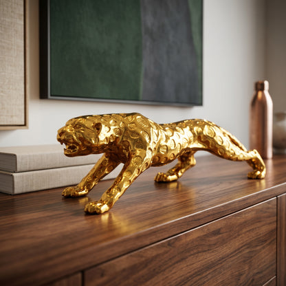 Golden Leopard Showpiece for Home Décor | Premium Panther Statue for Living Room, Office Table; Luxury Interior Decoration