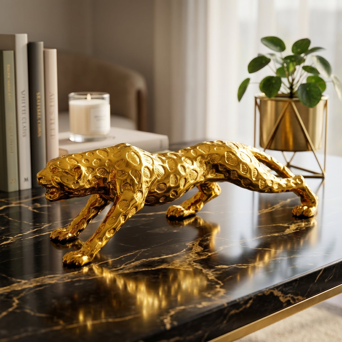 Golden Leopard Showpiece for Home Décor | Premium Panther Statue for Living Room, Office Table; Luxury Interior Decoration