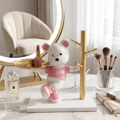 Chic Bear Jewelry Organizer with Tray & Earring Stand – Elegant Vanity Decor
