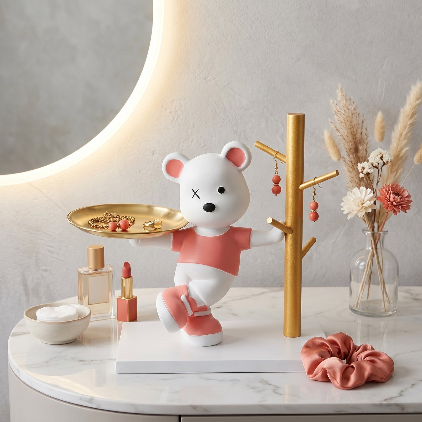 Chic Bear Jewelry Organizer with Tray & Earring Stand – Elegant Vanity Decor