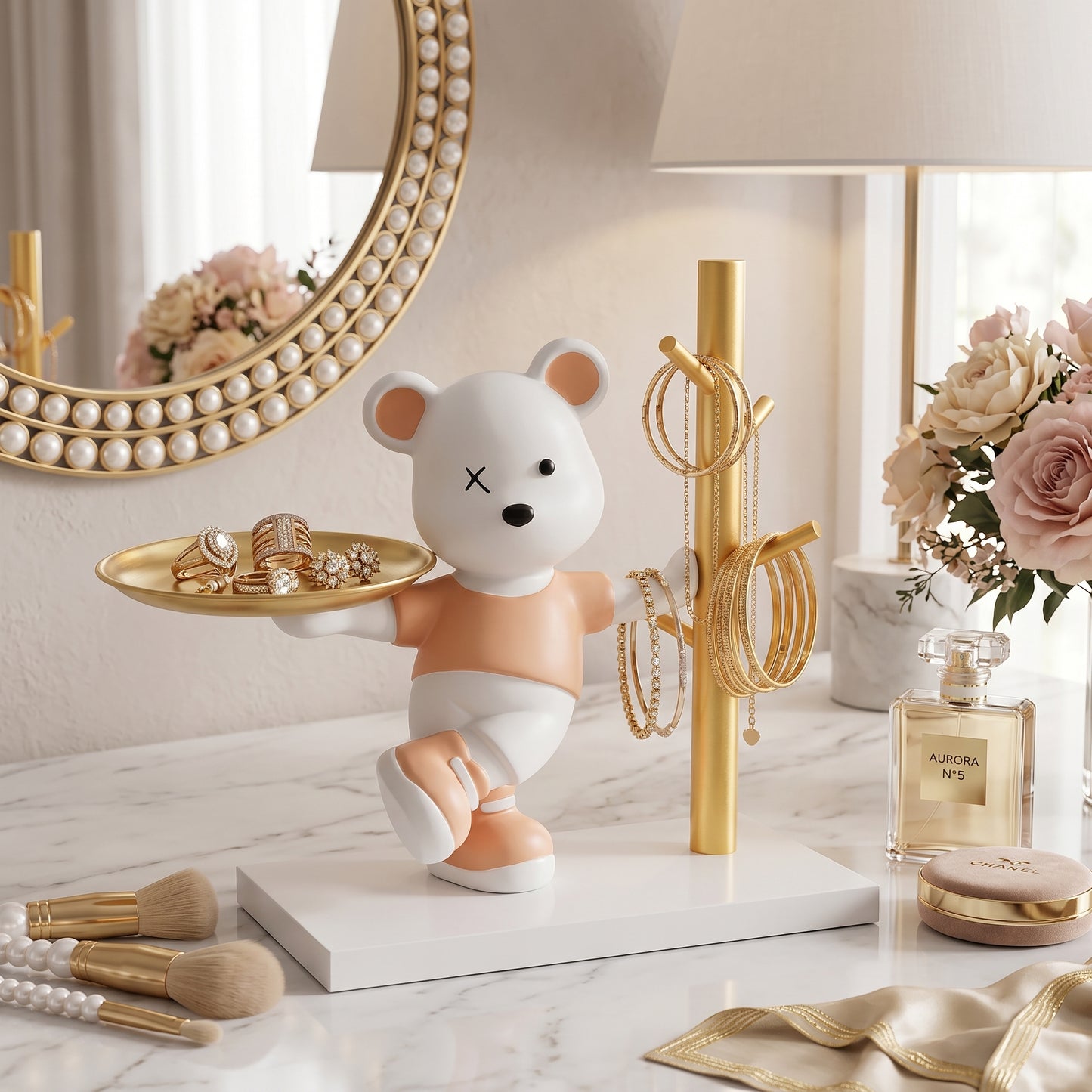 Chic Bear Jewelry Organizer with Tray & Earring Stand – Elegant Vanity Decor