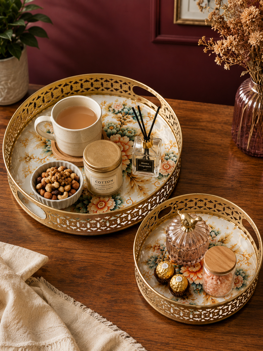 Gold Metal Floral Serving Tray Set of 2 | Round Cutwork Trays with Handles for Dry Fruits, Snacks & Gifting