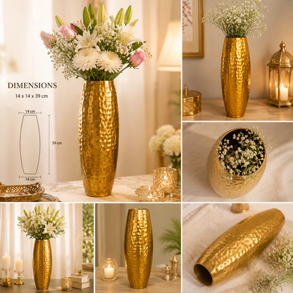 Gold hammered metal flower vase with tall textured design for living room décor
