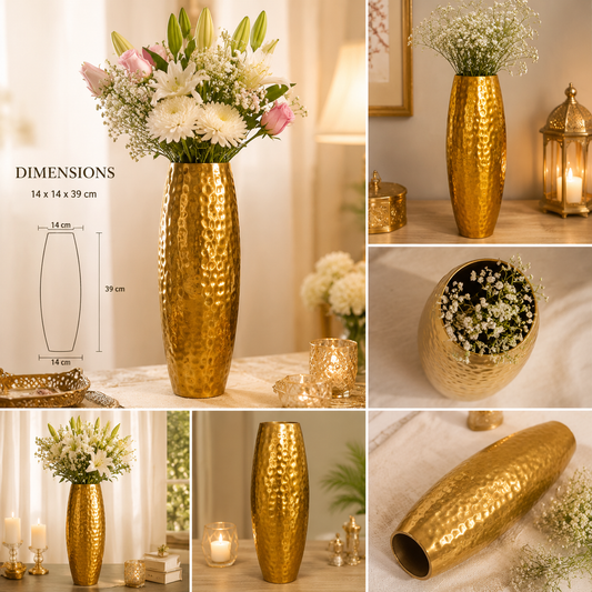 Gold hammered metal flower vase with tall textured design for living room décor