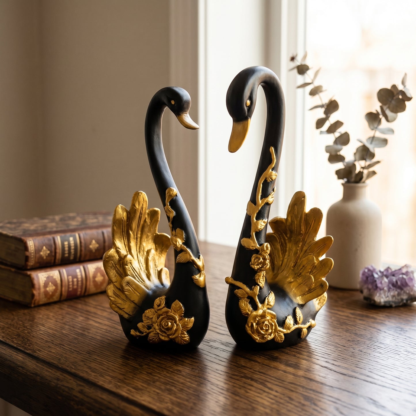 Modern Black Swan Statue Set for Home Decoration | Premium Decorative Accent Piece
