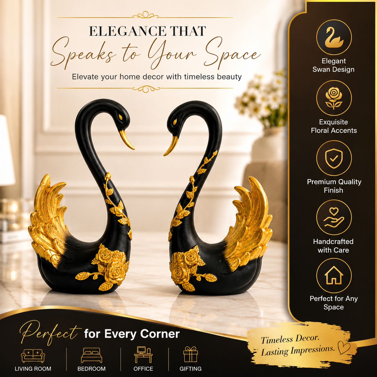 Modern Black Swan Statue Set for Home Decoration | Premium Decorative Accent Piece