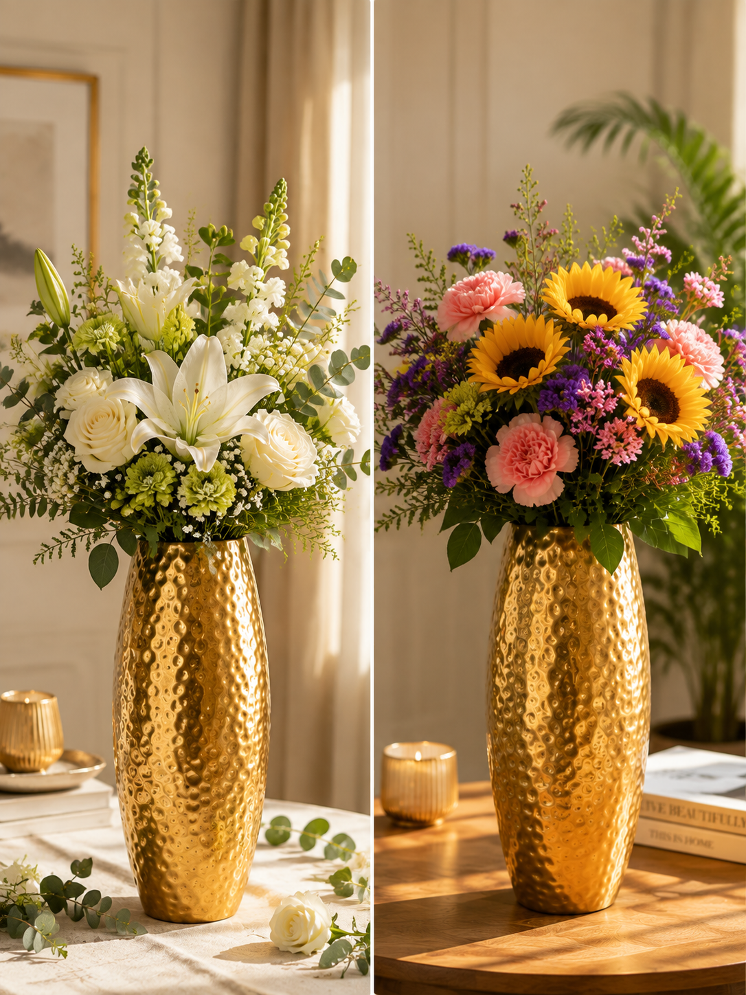 Tall golden floor vase for artificial flowers, dried stems and pampas grass
